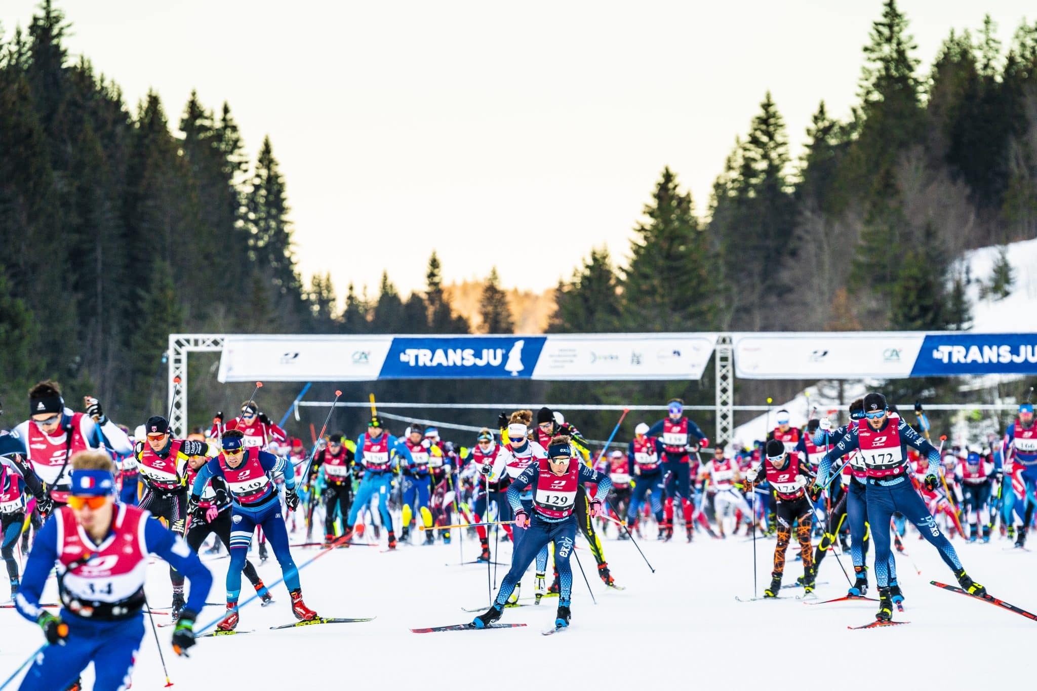 Start of the Transju cross-country ski race in France in the Jura