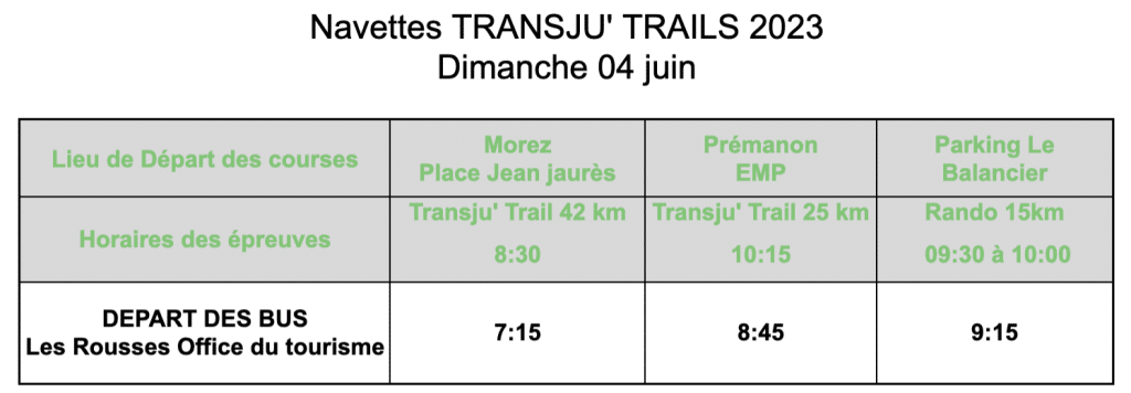 Transju&#039; Trails 2023 shuttle schedule