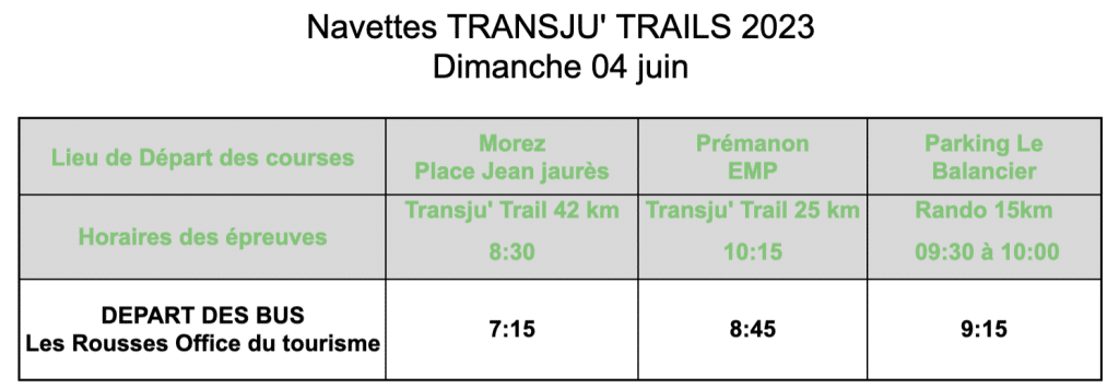 Transju' Trails 2023 shuttle schedule